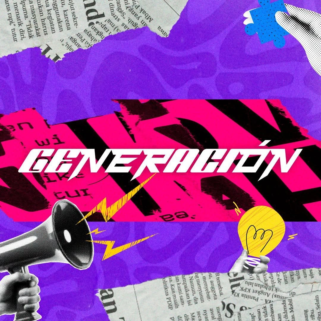 Identidad visual de Generación: collage violeta y fucsia con megáfono y bombilla